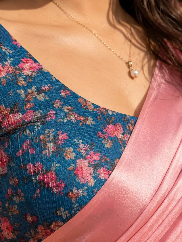 Pink Crepe Saree | Solid Glossy Saree | Blue Floral Blouse