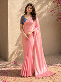 Pink Crepe Saree | Solid Glossy Saree | Blue Floral Blouse