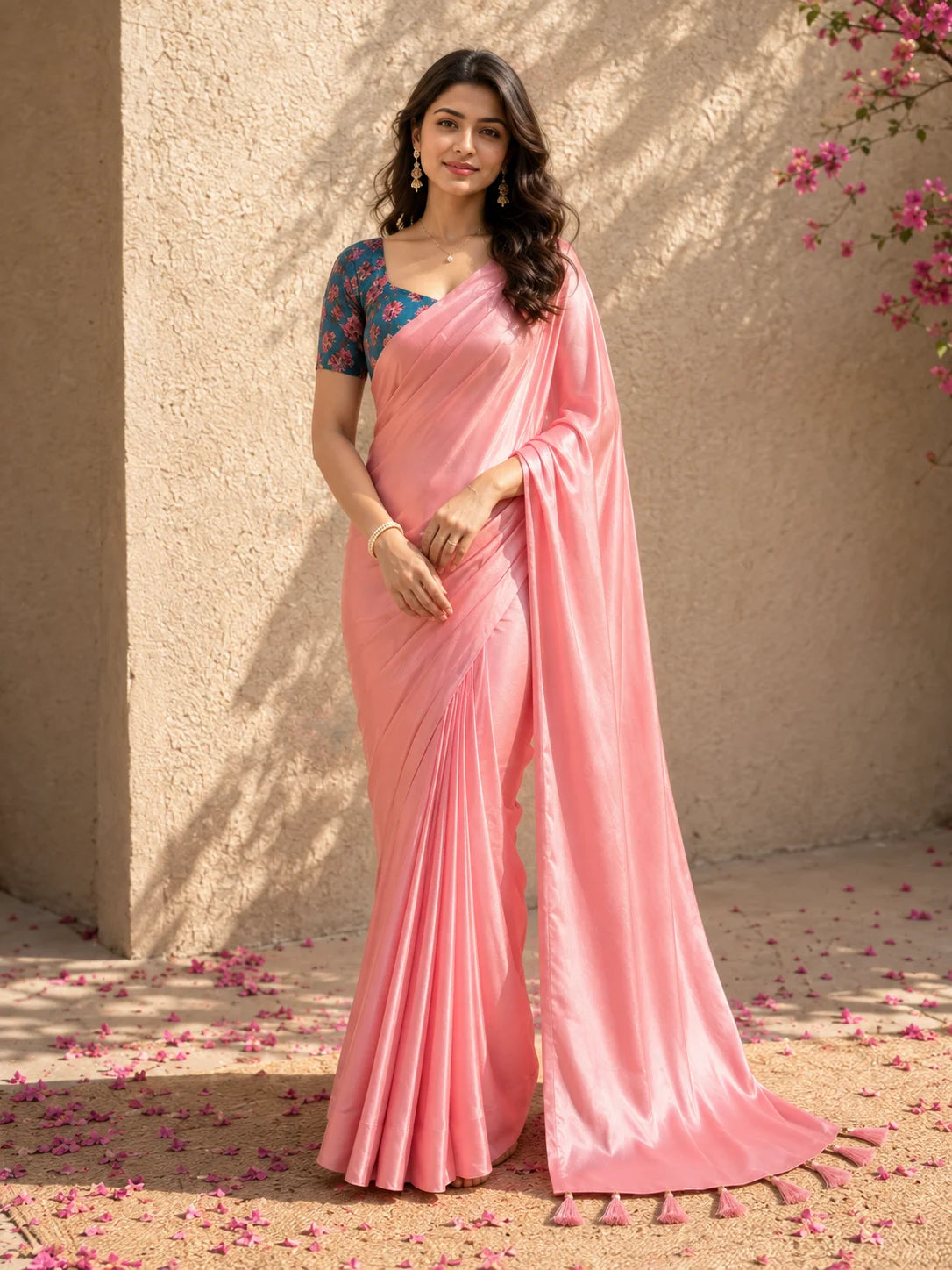 Pink Crepe Saree | Solid Glossy Saree | Blue Floral Blouse