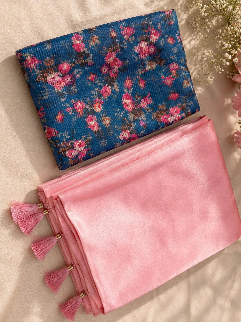 Pink Crepe Saree | Solid Glossy Saree | Blue Floral Blouse
