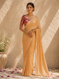 Gold Crepe Saree | Solid Golden Saree | Maroon Floral Blouse