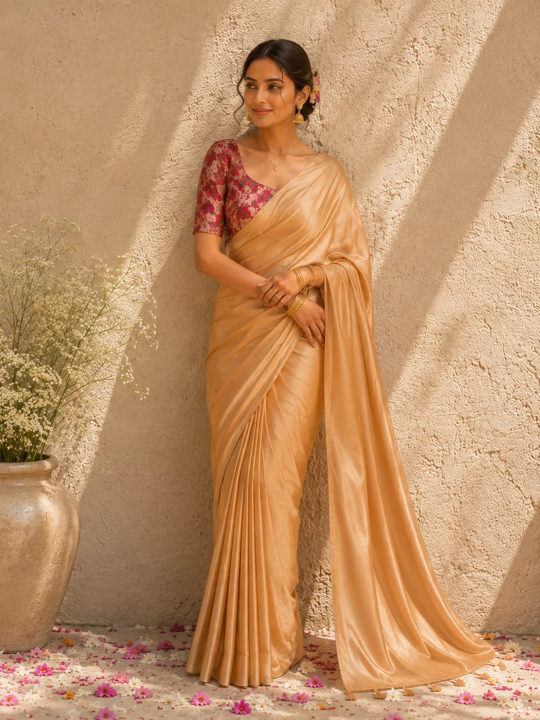 Gold Crepe Saree | Solid Golden Saree | Maroon Floral Blouse