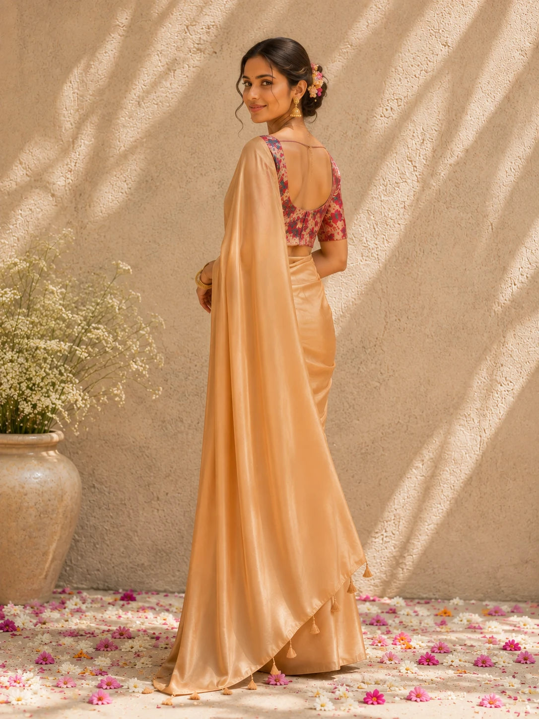 Gold Crepe Saree | Solid Golden Saree | Maroon Floral Blouse