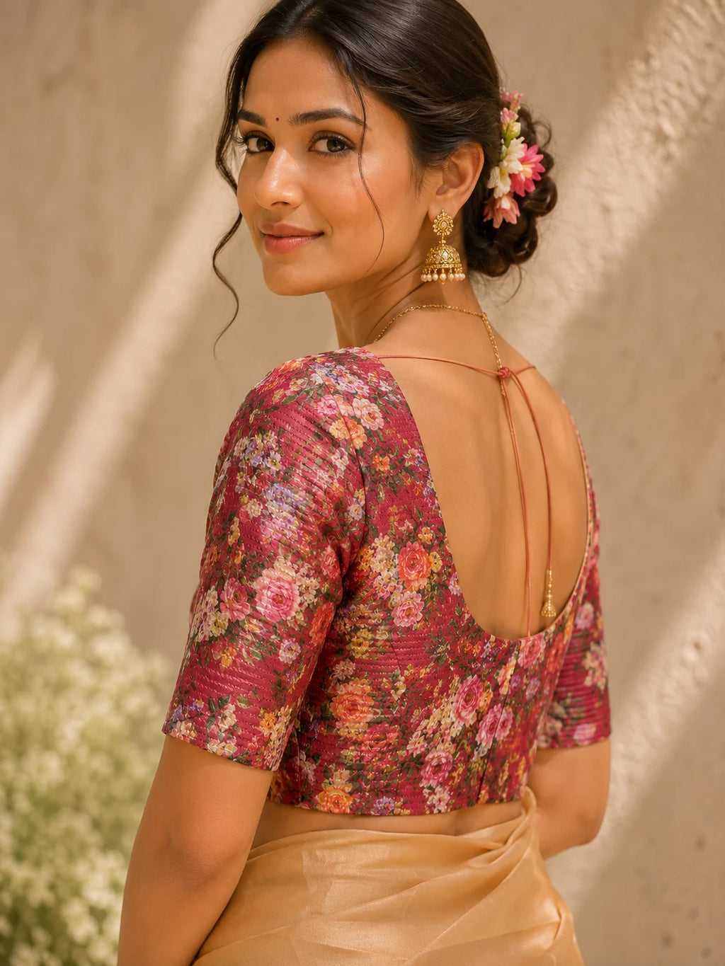 Gold Crepe Saree | Solid Golden Saree | Maroon Floral Blouse