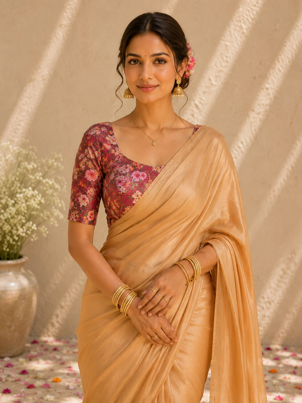 Gold Crepe Saree | Solid Golden Saree | Maroon Floral Blouse