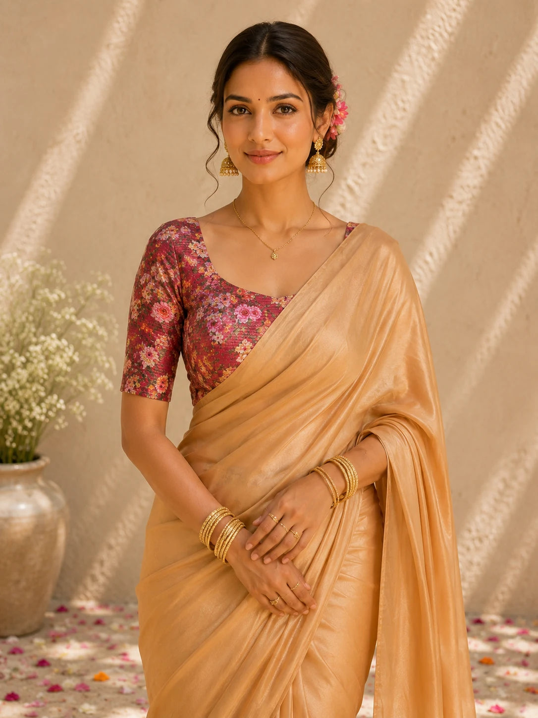 Gold Crepe Saree | Solid Golden Saree | Maroon Floral Blouse