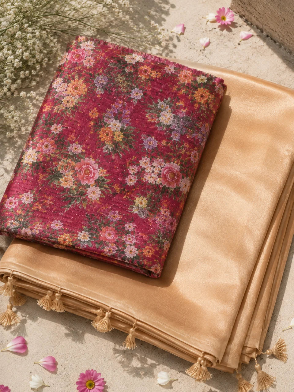 Gold Crepe Saree | Solid Golden Saree | Maroon Floral Blouse