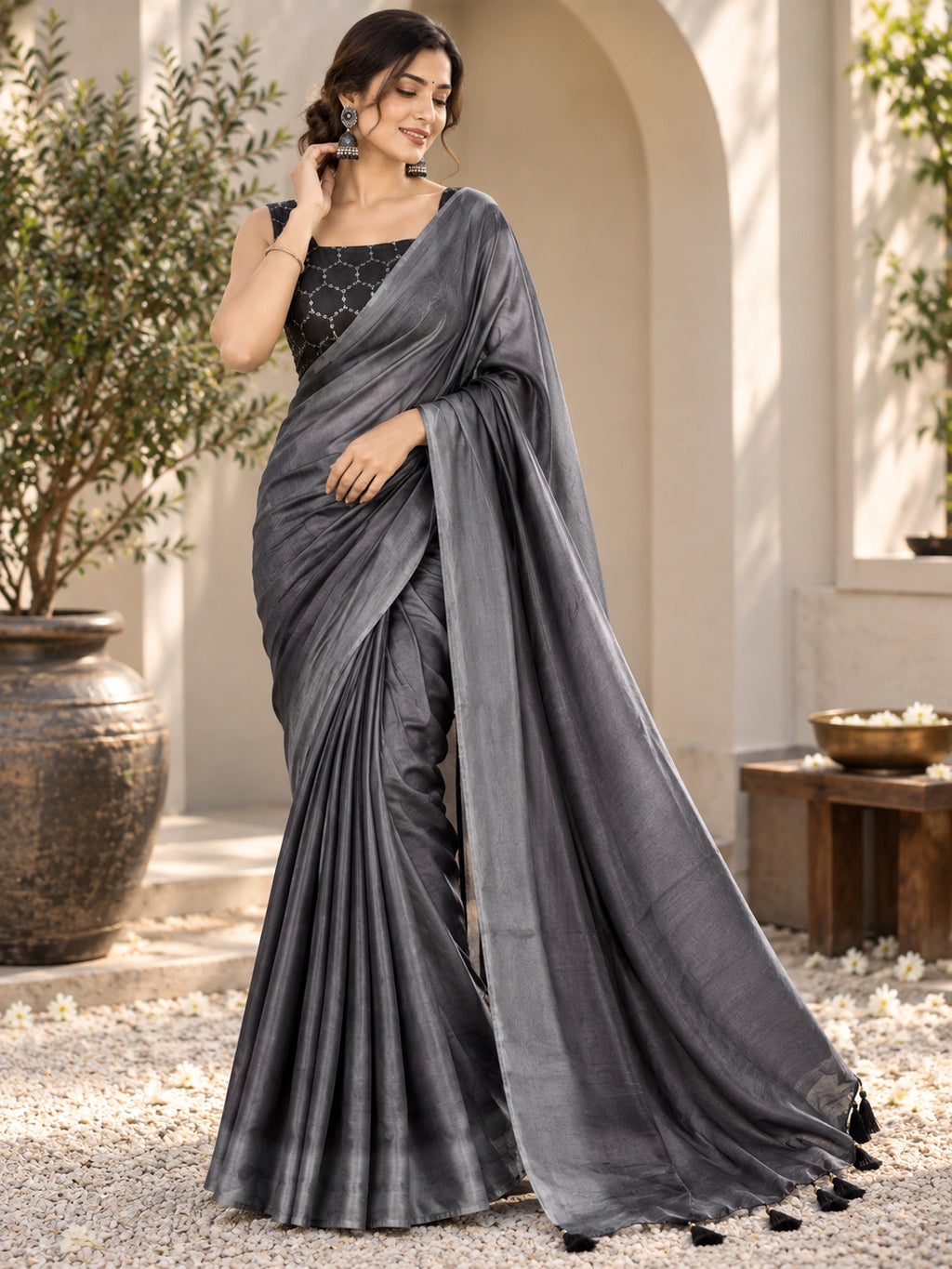 Charcoal Grey Double Tone Crepe Saree with Elegant Draped Finish