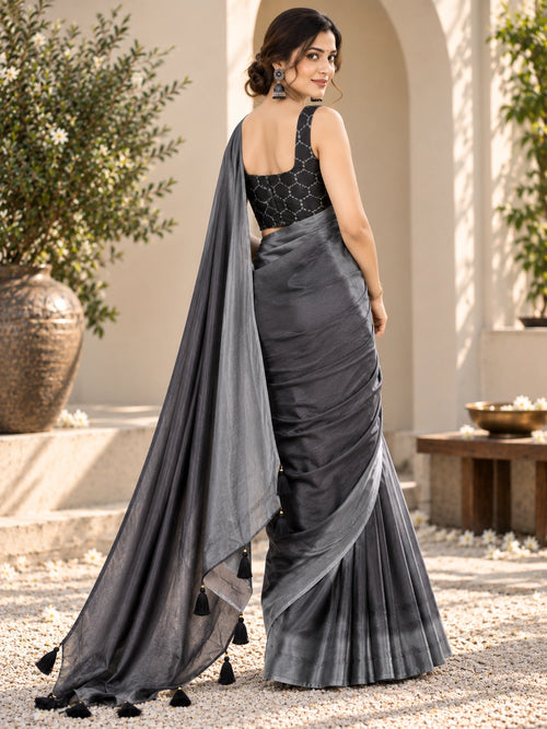 Charcoal Grey Double Tone Crepe Saree with Elegant Draped Finish
