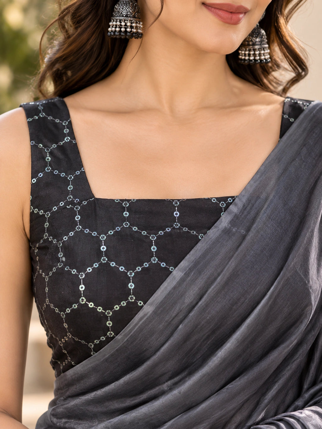 Charcoal Grey Double Tone Crepe Saree with Elegant Draped Finish