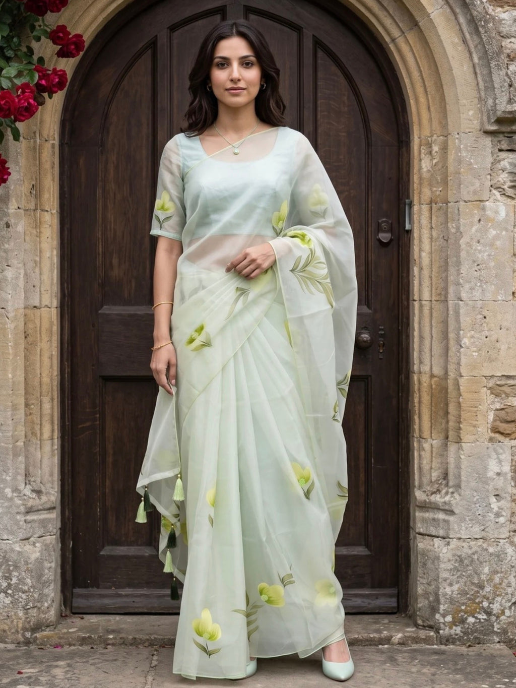 Woman wearing a light green saree with yellow floral prints and tassel detailing outdoors.