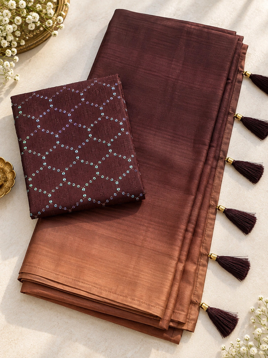 Maroon saree with a sheer pallu and tassel details, draped on a woman in a sunlit courtyard.
