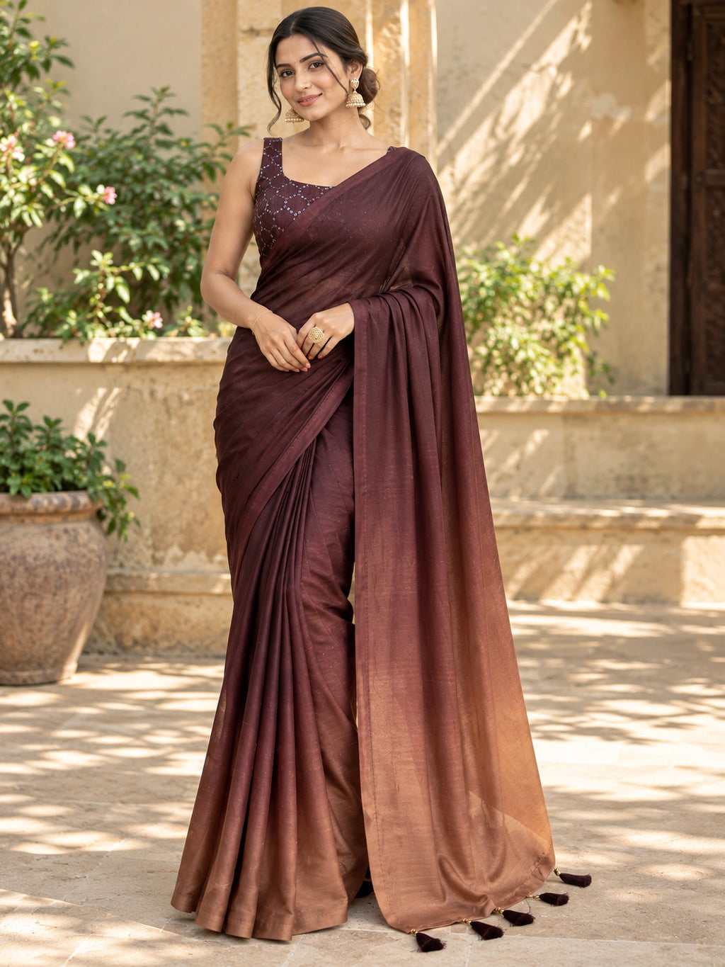 Maroon saree with a sheer pallu and tassel details, draped on a woman in a sunlit courtyard.
