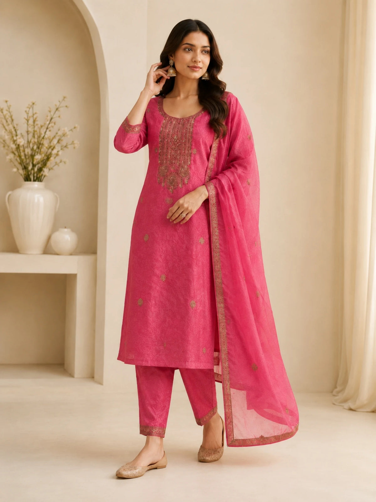 Woman wearing a pink embroidered suit with matching pants and a sheer dupatta indoors.