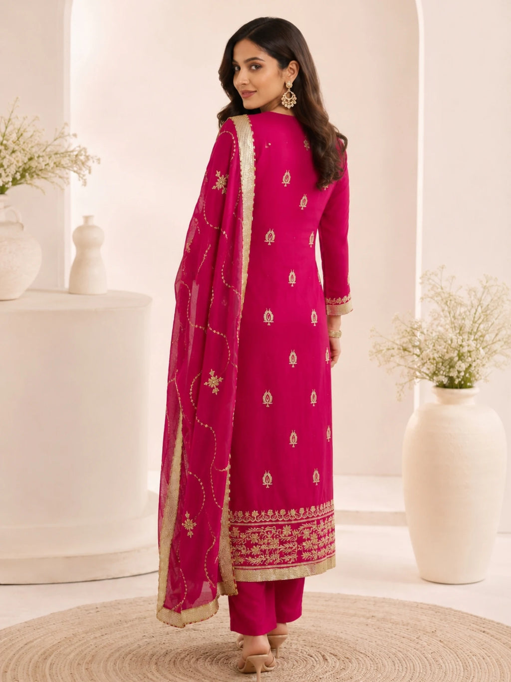 Woman wearing a pink embroidered suit with matching pants and a sheer dupatta indoors.