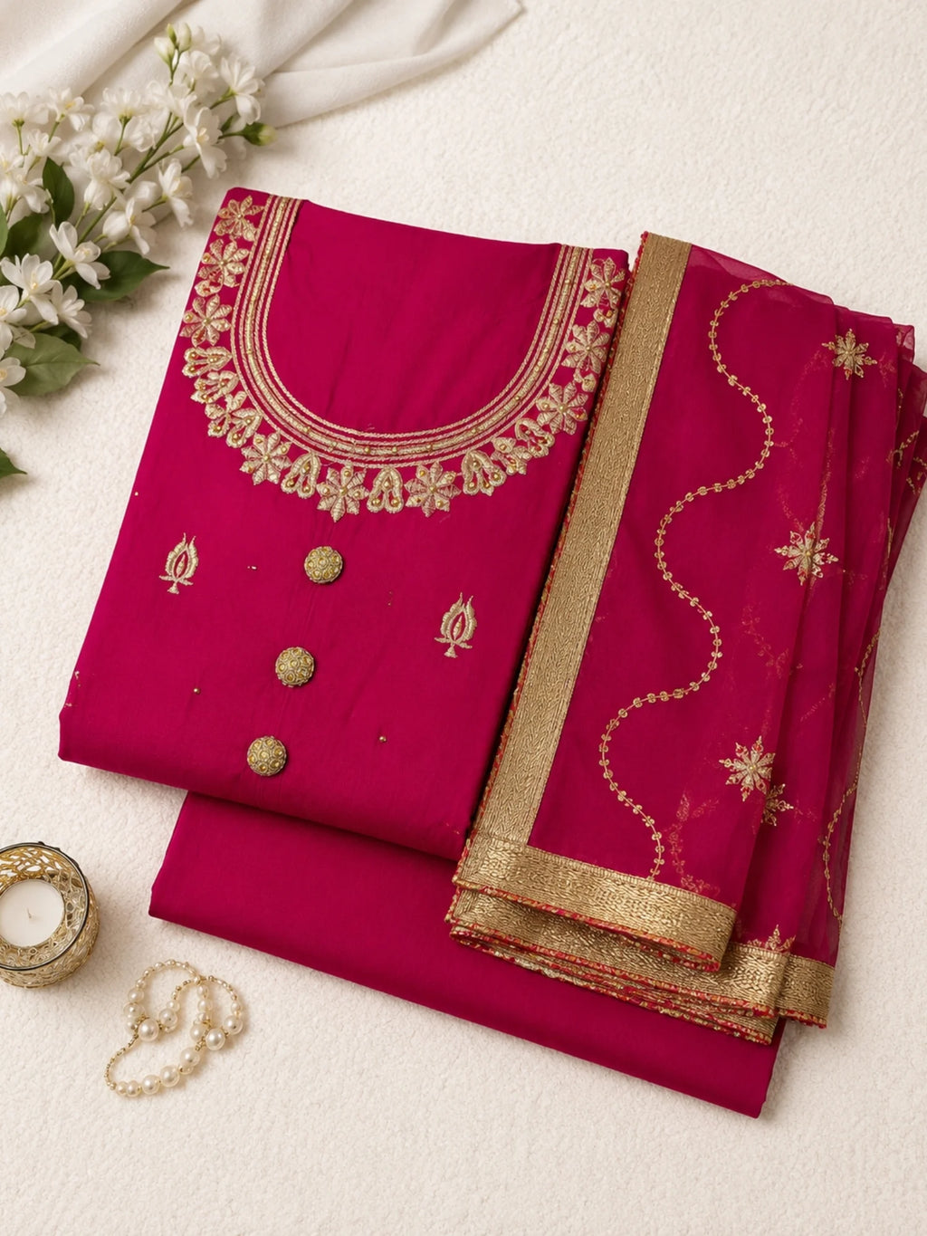 Woman wearing a pink embroidered suit with matching pants and a sheer dupatta indoors.
