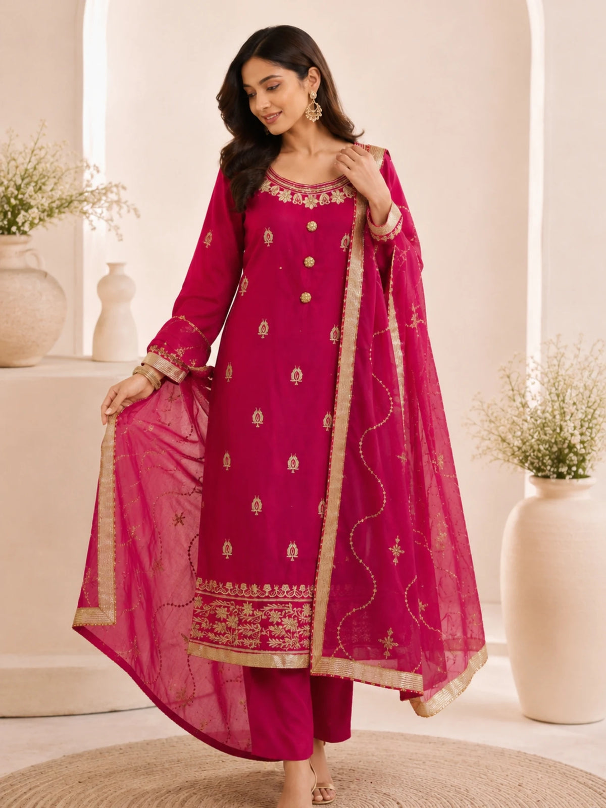 Woman wearing a pink embroidered suit with matching pants and a sheer dupatta indoors.