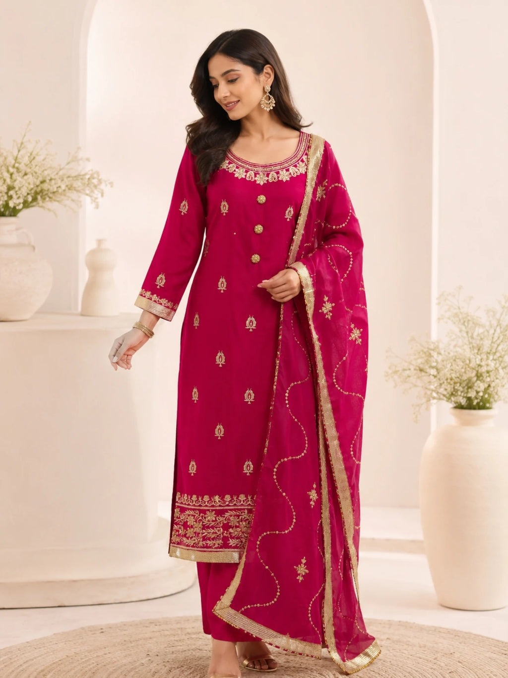 Woman wearing a pink embroidered suit with matching pants and a sheer dupatta indoors.