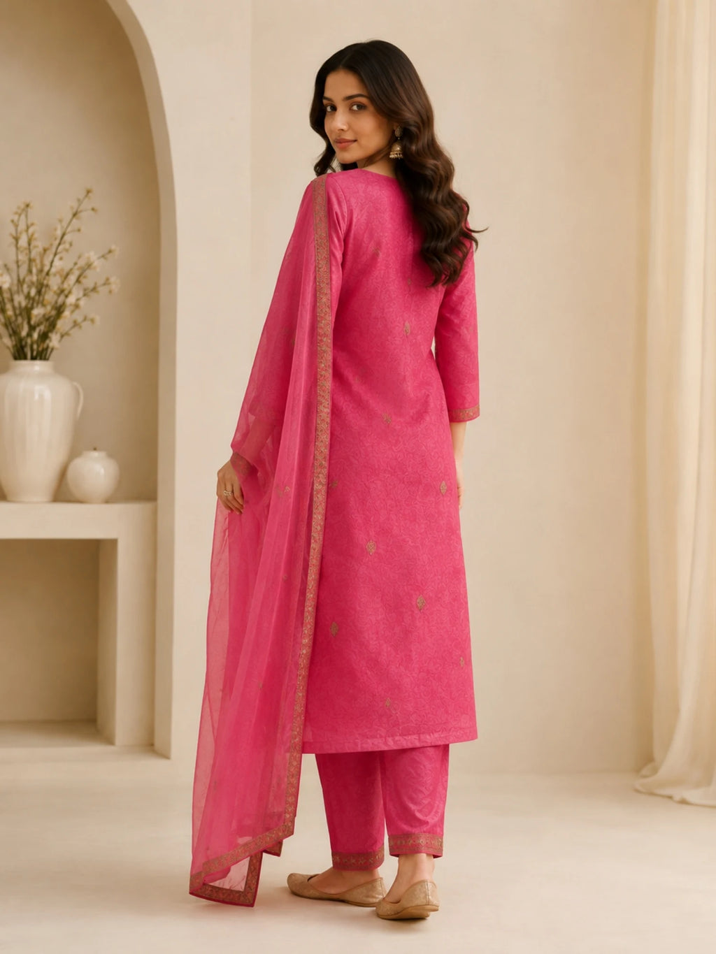 Woman wearing a pink embroidered suit with matching pants and a sheer dupatta indoors.