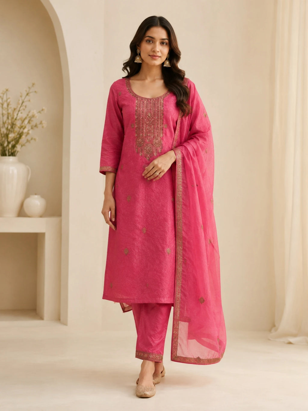 Woman wearing a pink embroidered suit with matching pants and a sheer dupatta indoors.