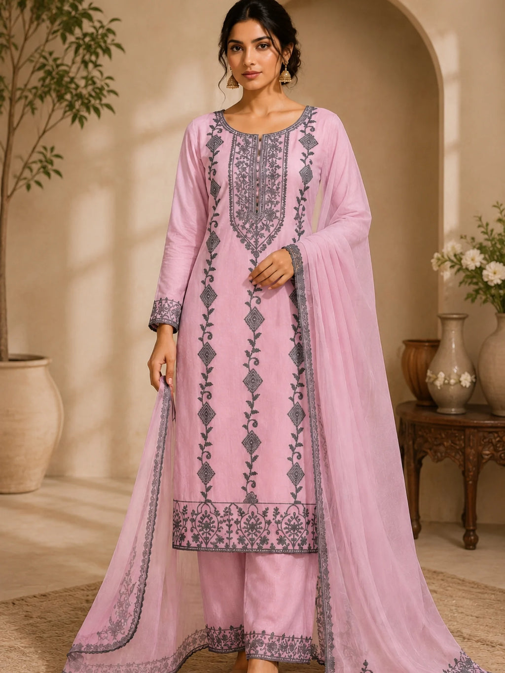 Woman wearing a pink suit with grey floral embroidery, matching pants and a flowing dupatta.
