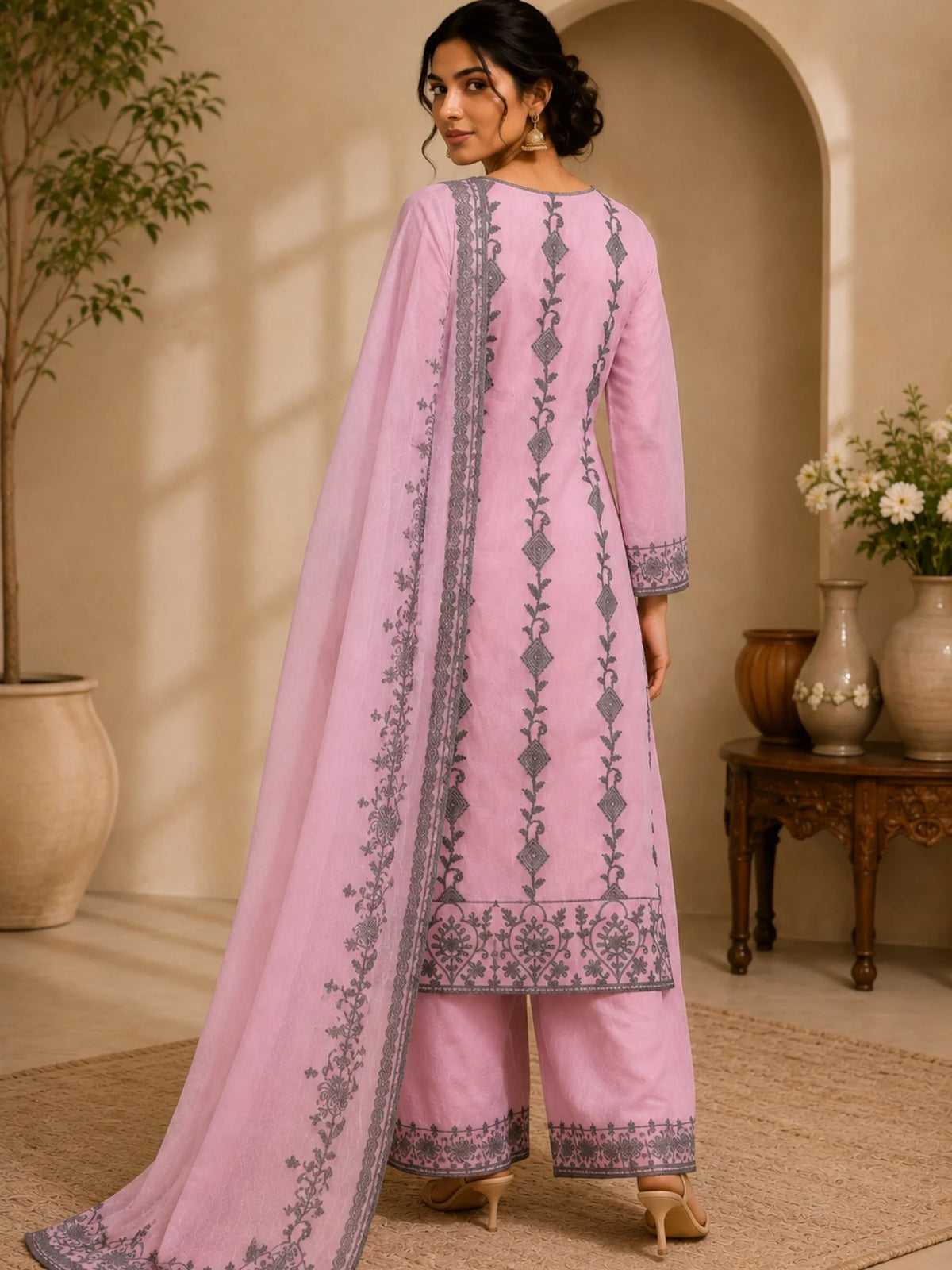 Woman wearing a pink suit with grey floral embroidery, matching pants and a flowing dupatta.