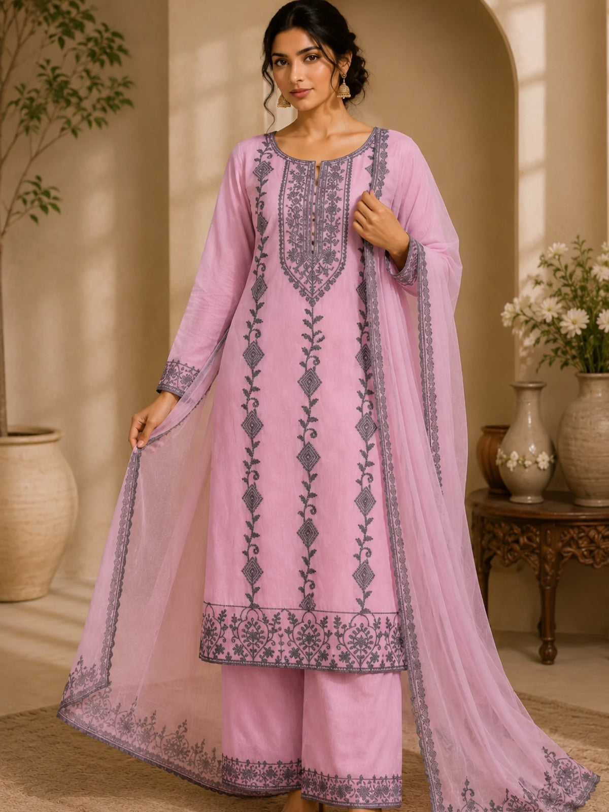 Woman wearing a pink suit with grey floral embroidery, matching pants and a flowing dupatta.