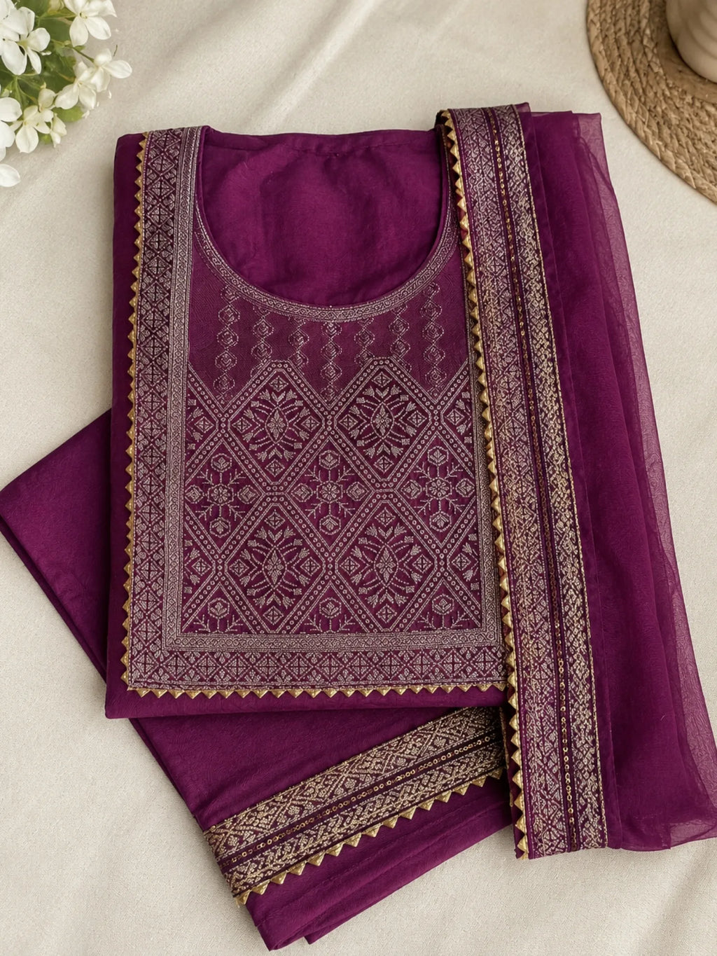 Woman wearing a plum purple suit with embellished borders and a matching dupatta outdoors.