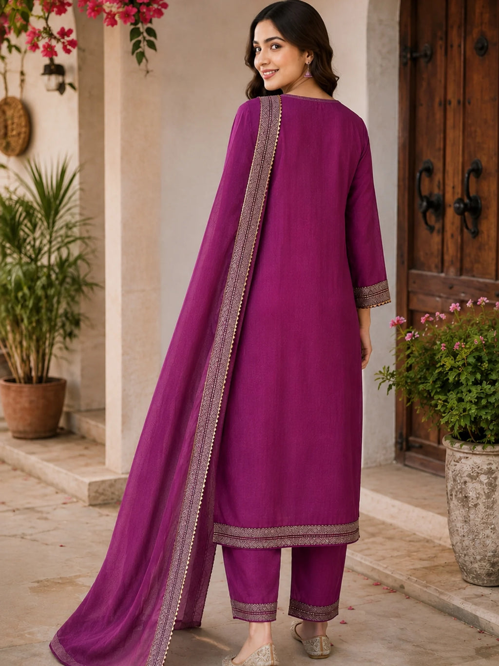 Woman wearing a plum purple suit with embellished borders and a matching dupatta outdoors.