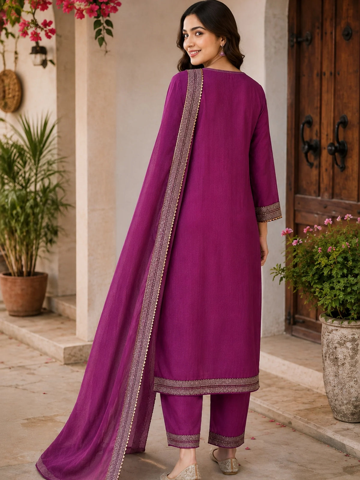 Woman wearing a plum purple suit with embellished borders and a matching dupatta outdoors.