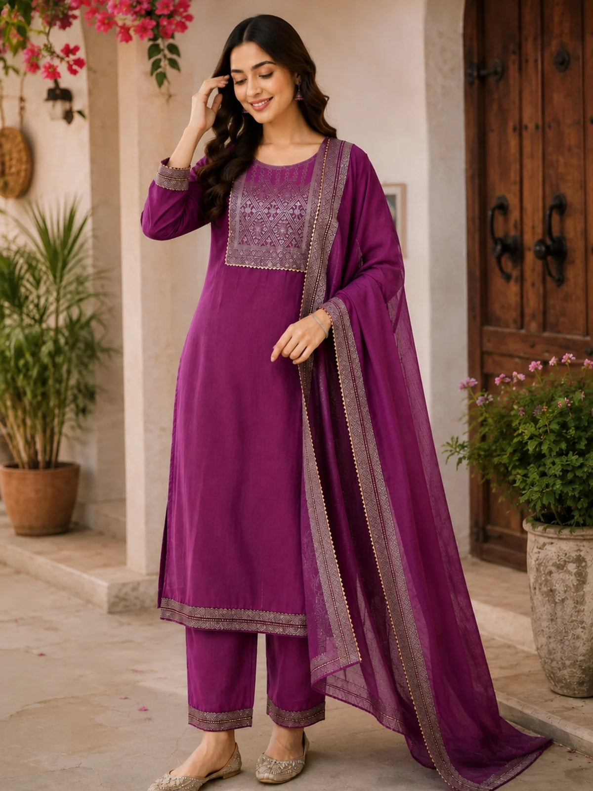 Woman wearing a plum purple suit with embellished borders and a matching dupatta outdoors.