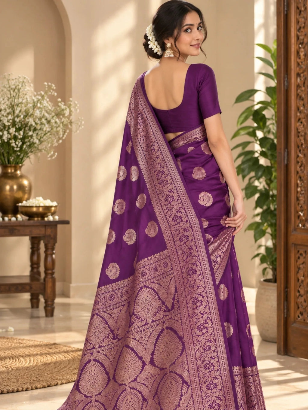 Purple silk saree with gold floral motifs and an ornate woven border on a woman.