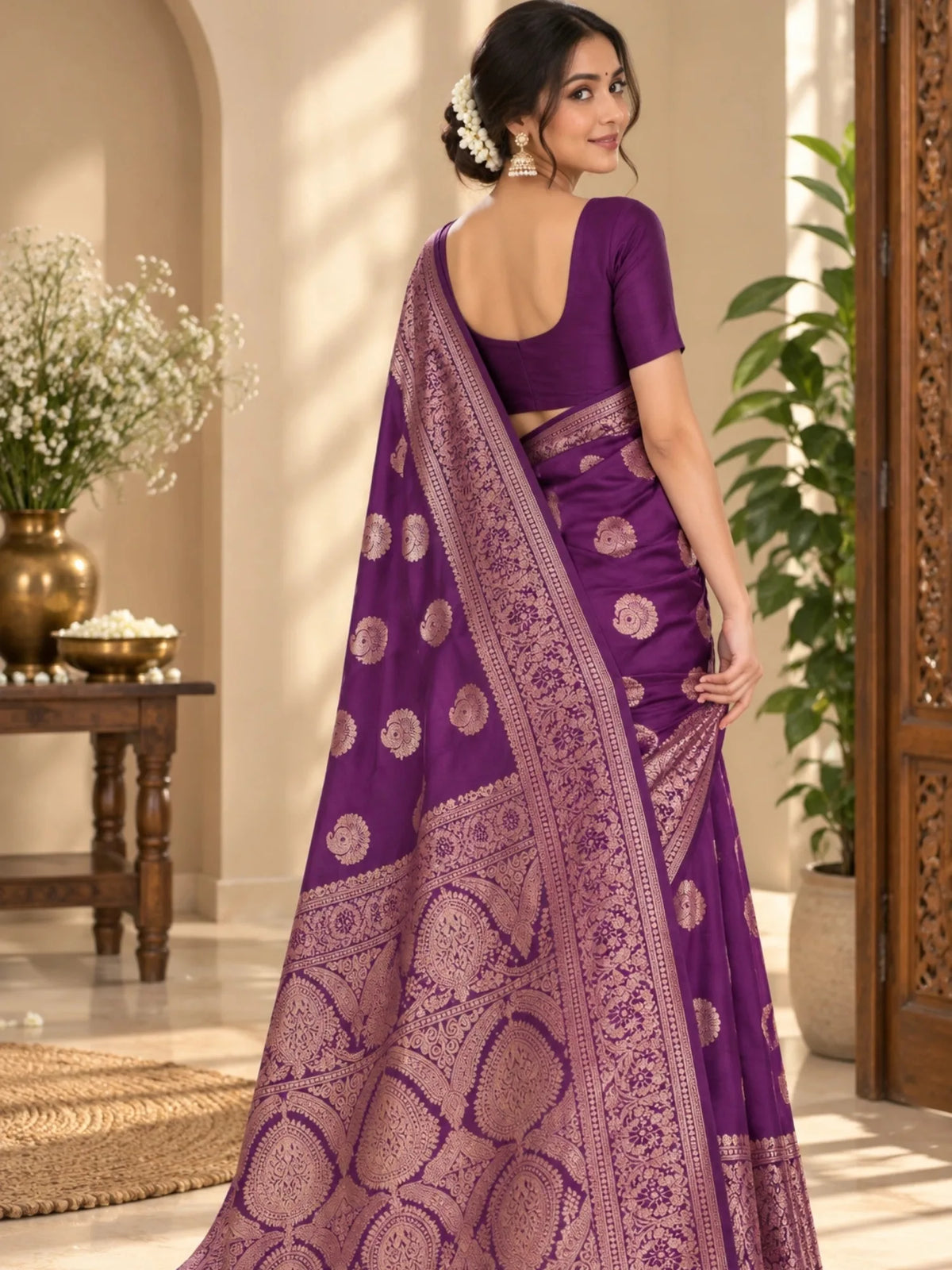 Purple silk saree with gold floral motifs and an ornate woven border on a woman.