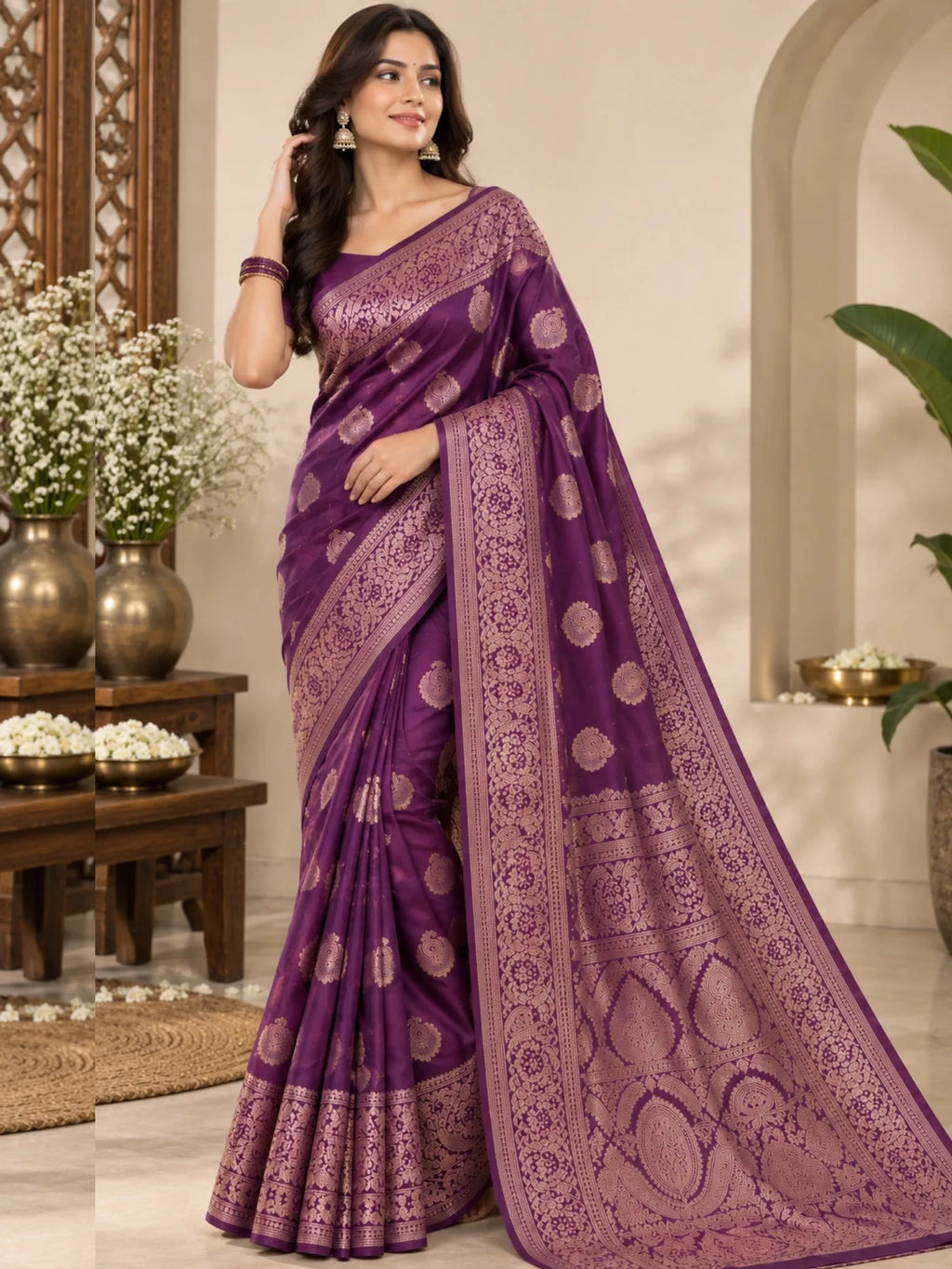 Purple silk saree with gold floral motifs and an ornate woven border on a woman.