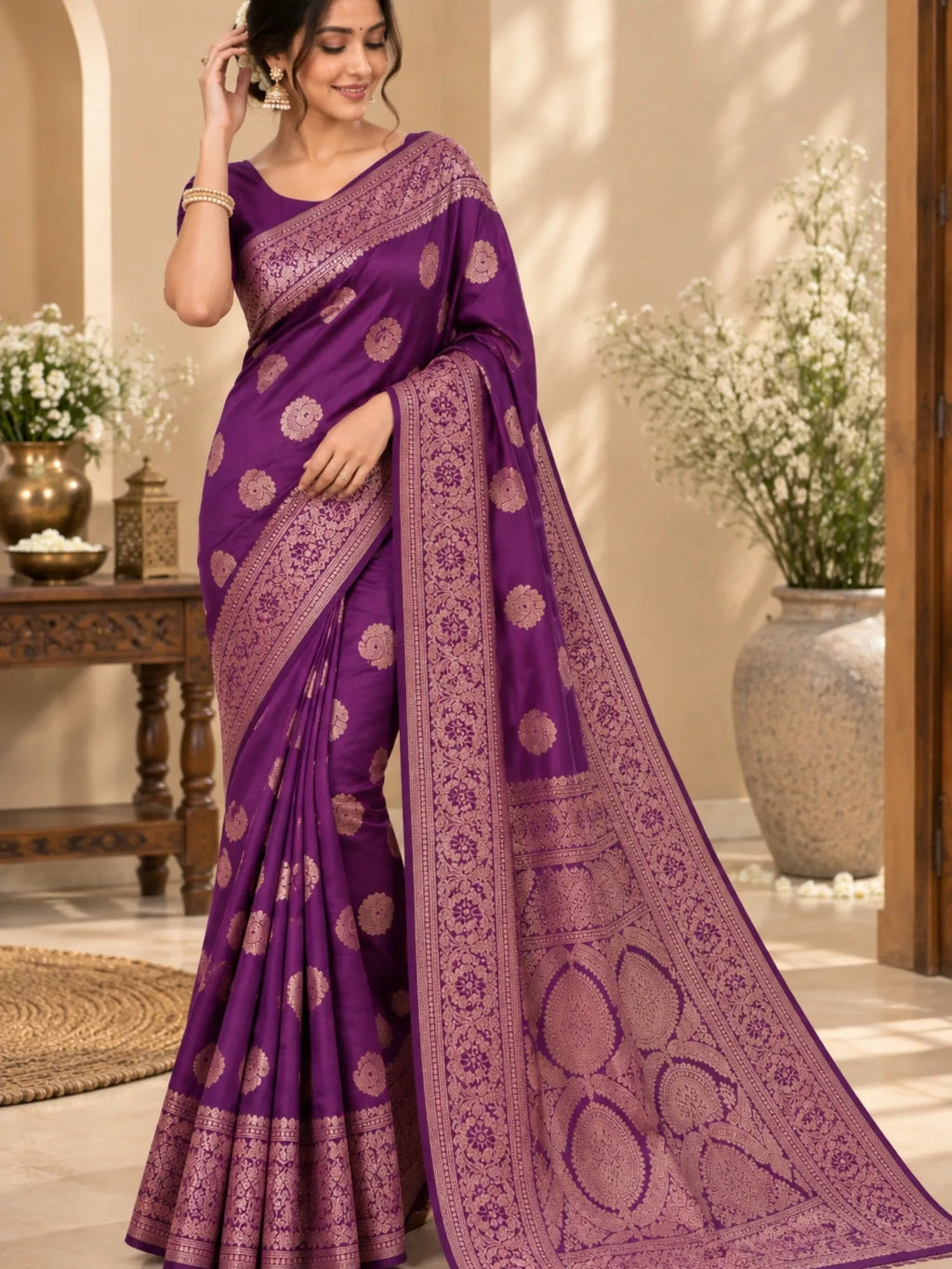 Purple silk saree with gold floral motifs and an ornate woven border on a woman.