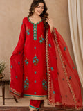 Red embroidered salwar suit with teal floral motifs and a sheer red dupatta with ornate borders.
