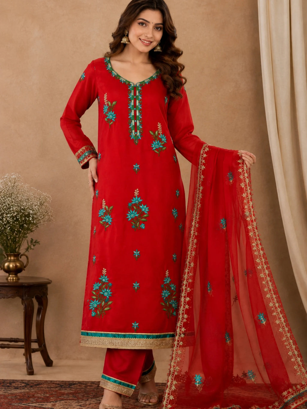 Red embroidered salwar suit with teal floral motifs and a sheer red dupatta with ornate borders.

