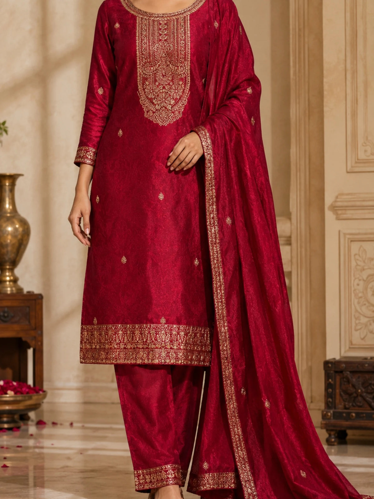 Woman wearing a deep red suit with gold embroidery, matching pants and an ornate dupatta.