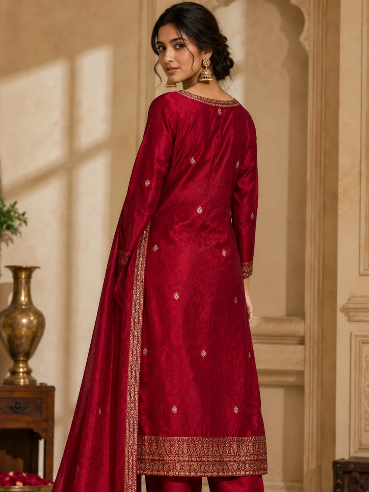 Woman wearing a deep red suit with gold embroidery, matching pants and an ornate dupatta.