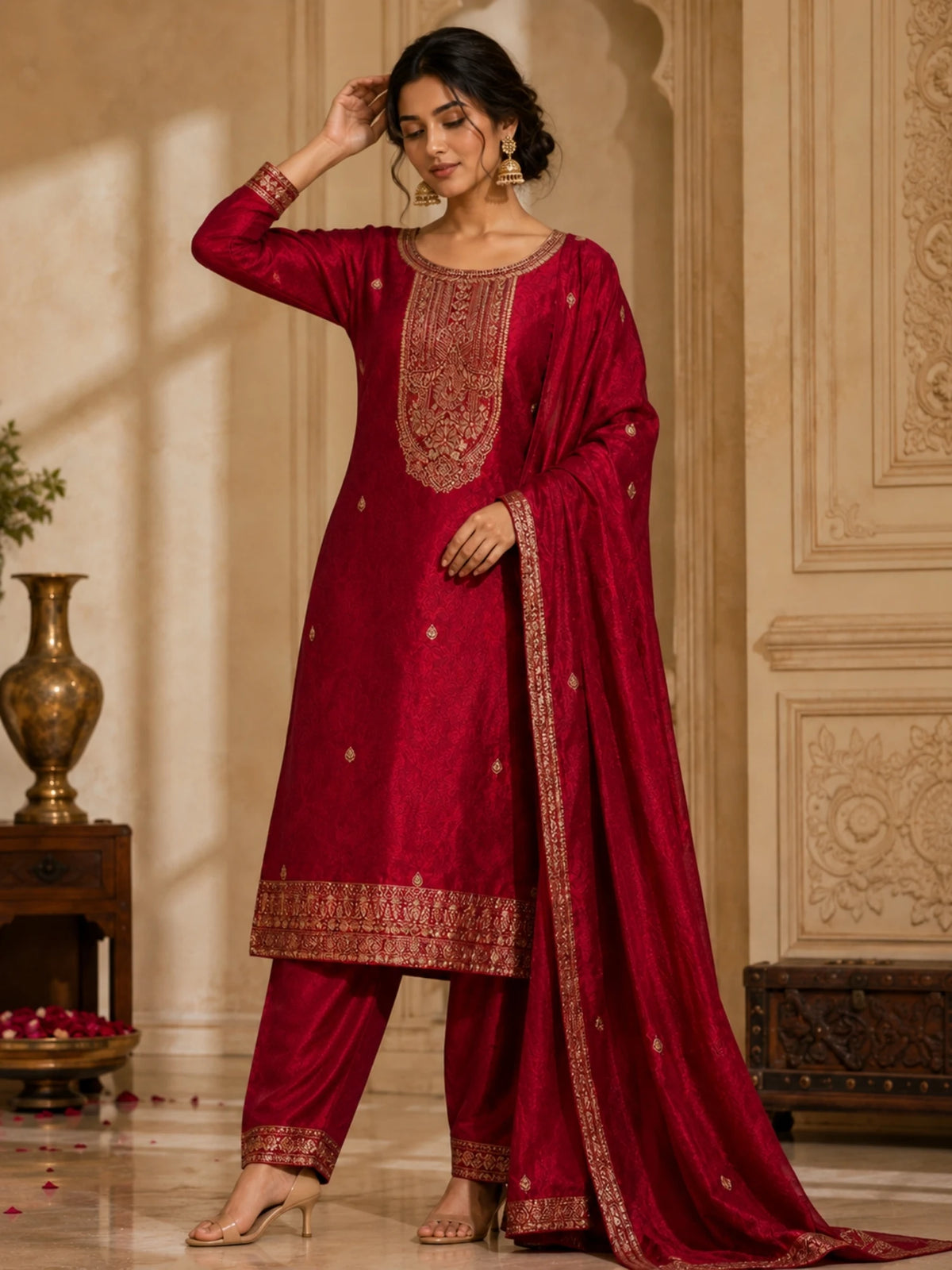 Woman wearing a deep red suit with gold embroidery, matching pants and an ornate dupatta.