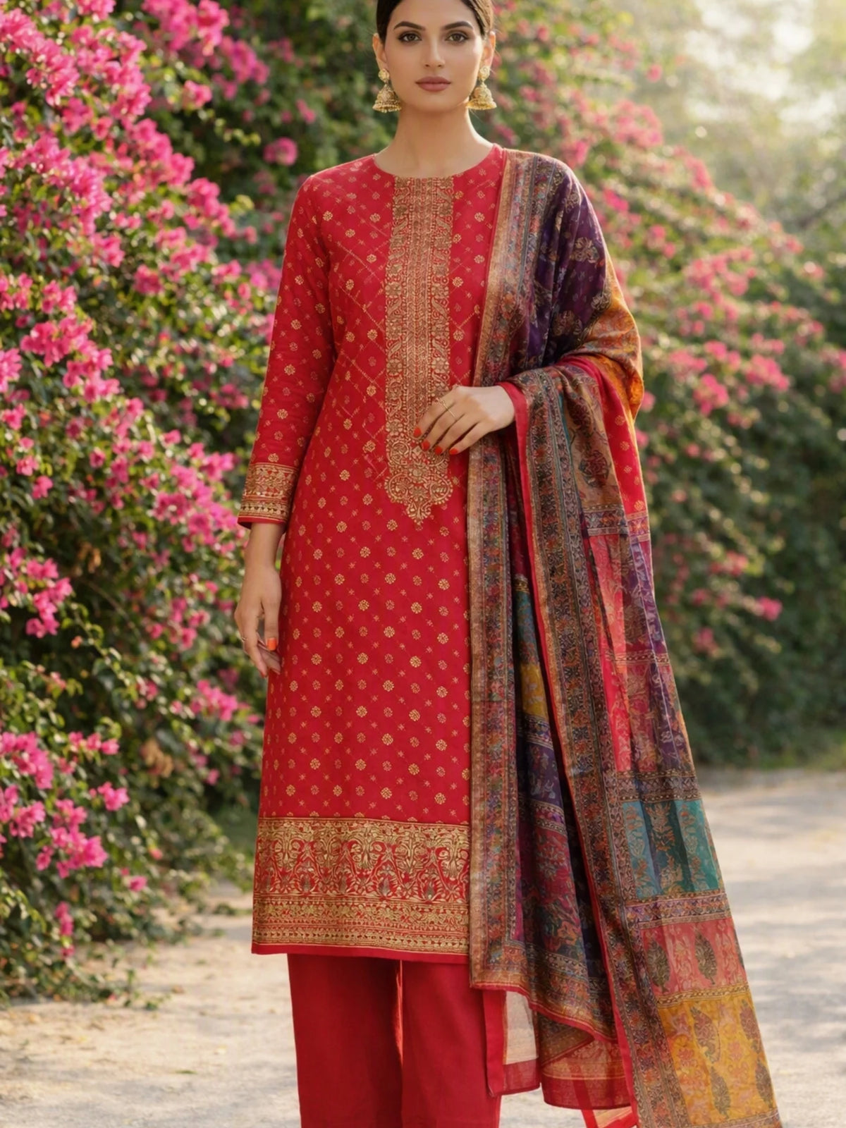 Woman wearing a red embroidered suit with matching pants and a multicolored printed dupatta.