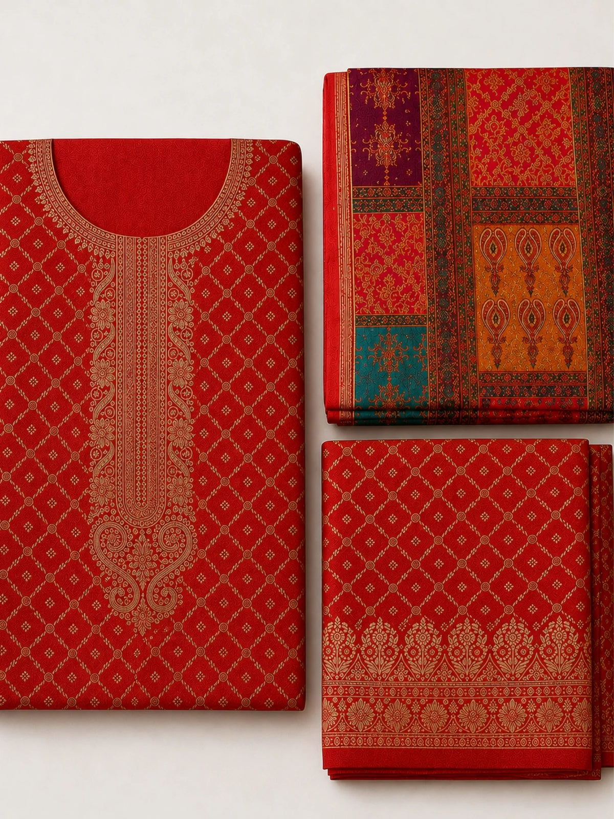 Woman wearing a red embroidered suit with matching pants and a multicolored printed dupatta.