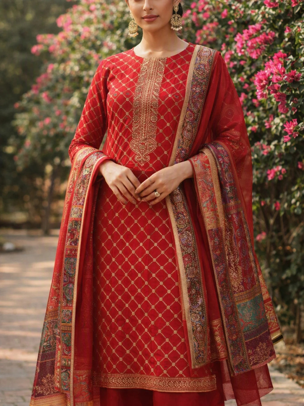 Woman wearing a red embroidered suit with matching pants and a multicolored printed dupatta.