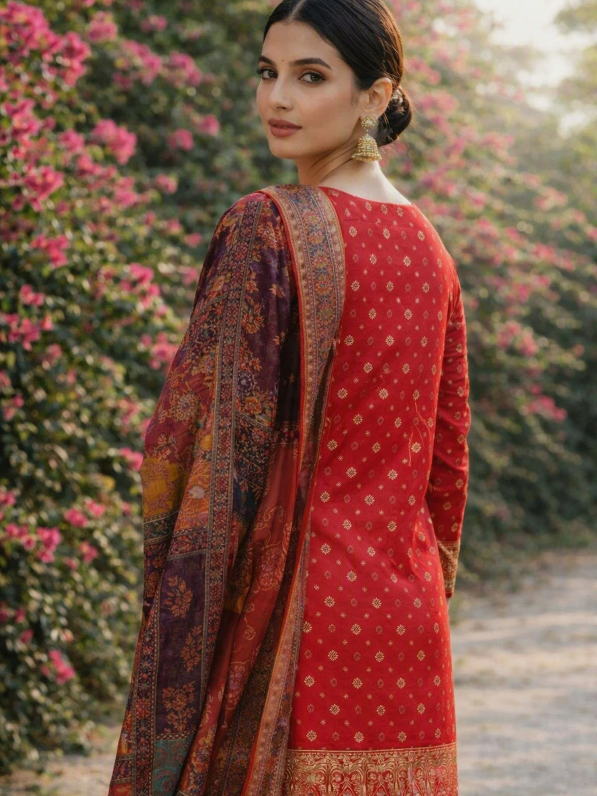 Woman wearing a red embroidered suit with matching pants and a multicolored printed dupatta.