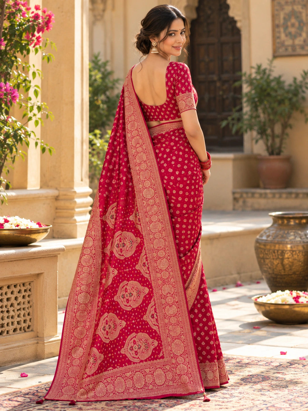 Red saree with gold floral motifs and an ornate border, draped on a woman in a traditional courtyard.
