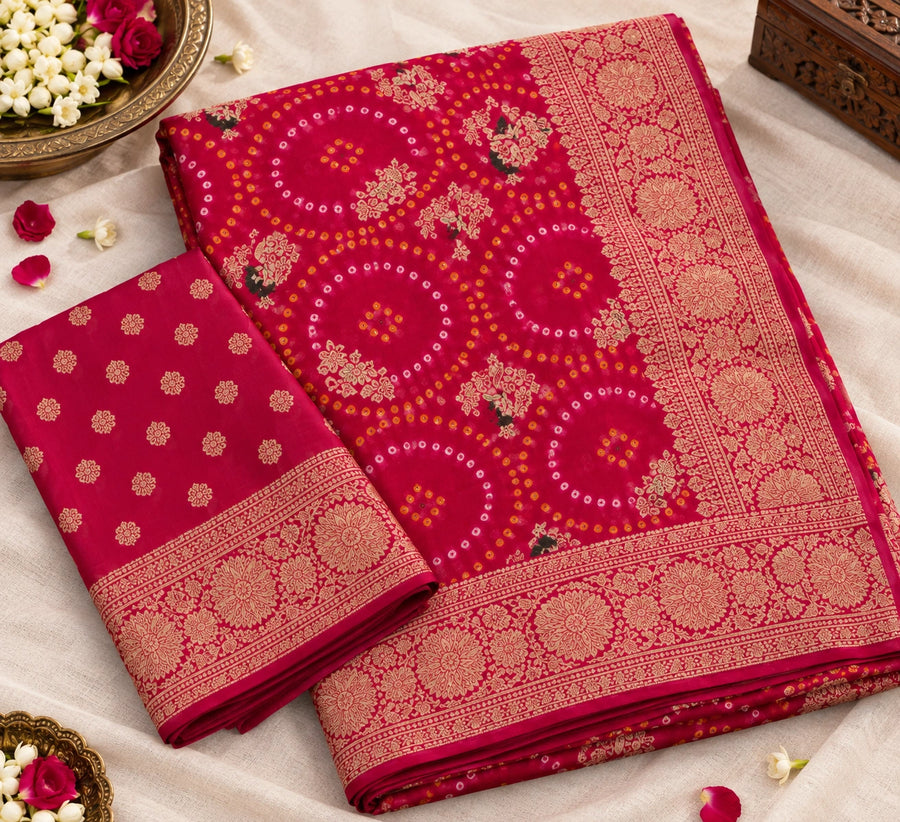 Red saree with gold floral motifs and an ornate border, draped on a woman in a traditional courtyard.