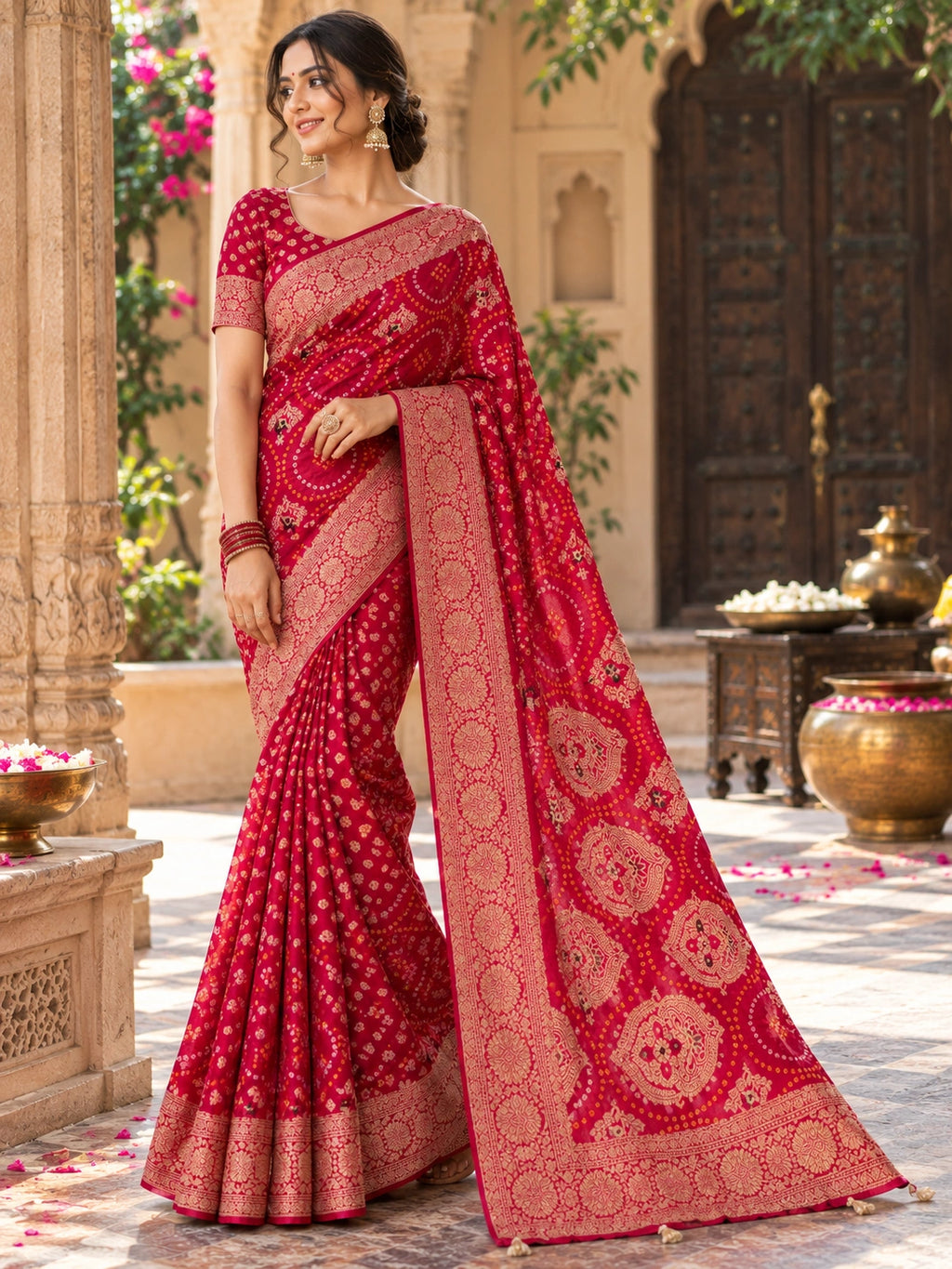 Red saree with gold floral motifs and an ornate border, draped on a woman in a traditional courtyard.
