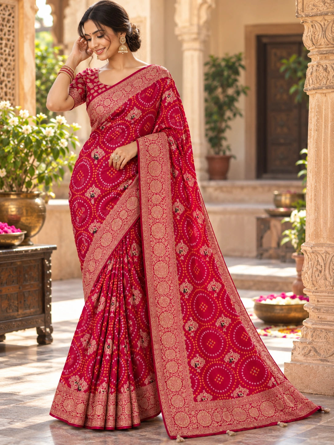Red saree with gold floral motifs and an ornate border, draped on a woman in a traditional courtyard.
