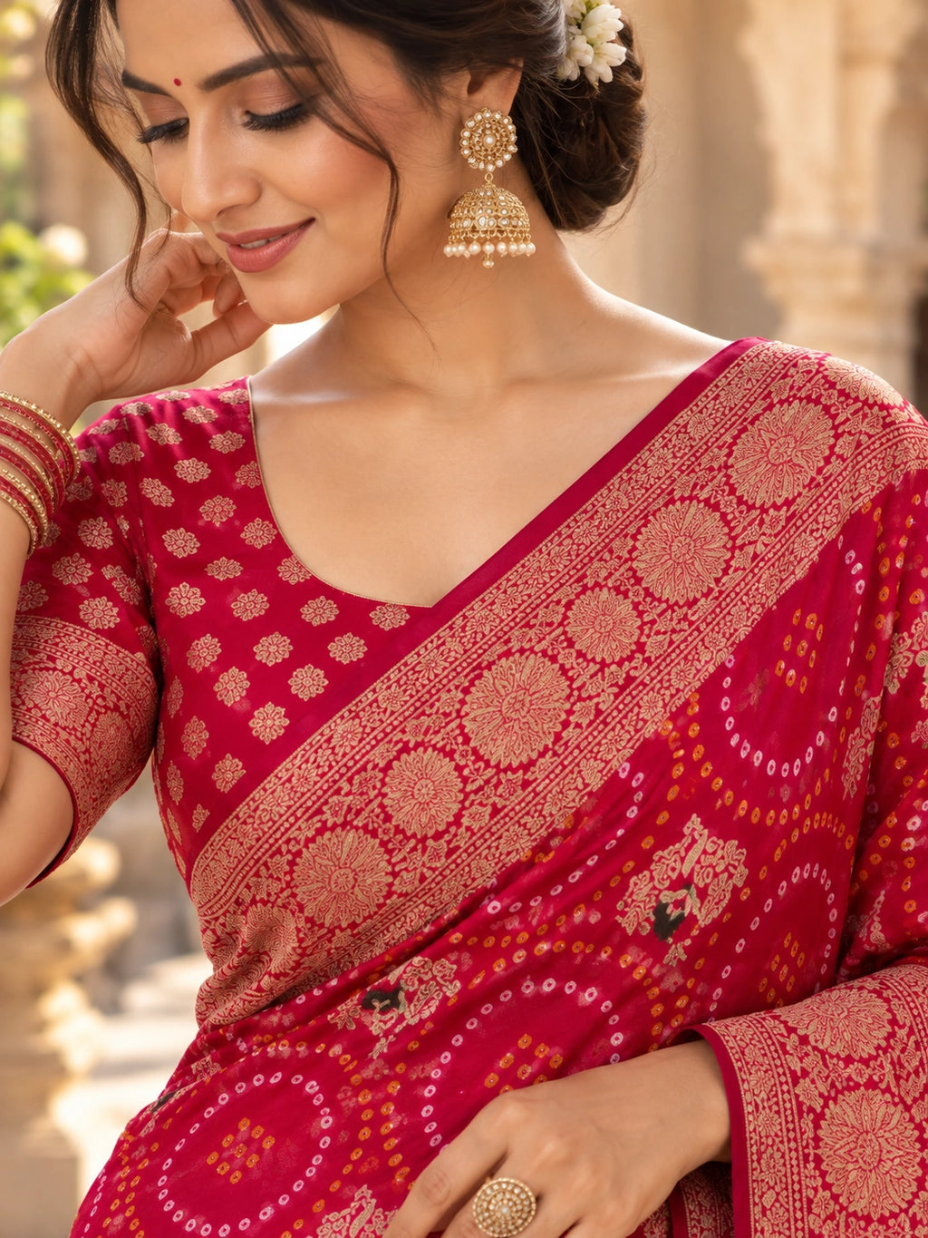 Red saree with gold floral motifs and an ornate border, draped on a woman in a traditional courtyard.
