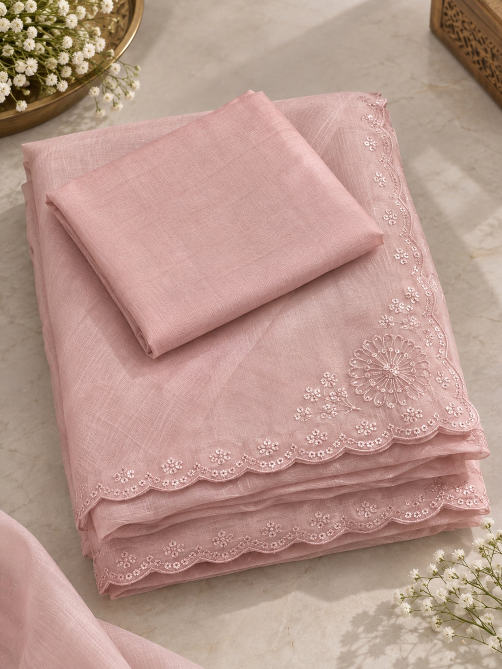 Woman wearing a soft pink saree with a subtle border and matching blouse indoors.